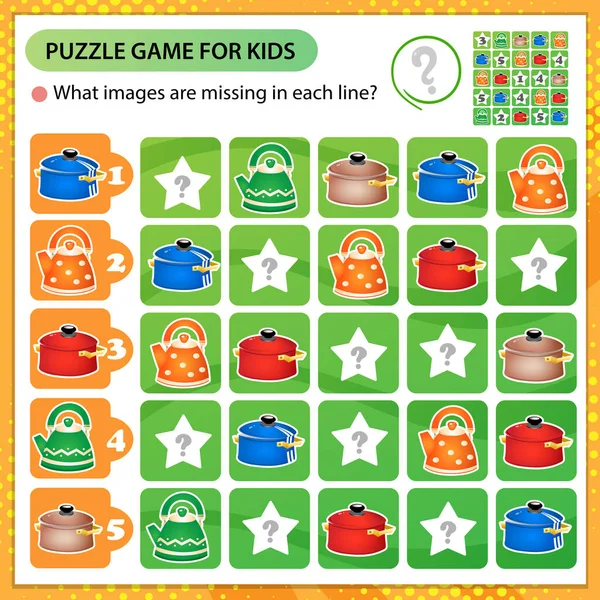 Sudoku Rejtvény Milyen Képek Hiányoznak Minden Sorból Serpenyők Vízforralók Logikus — Stock Vector