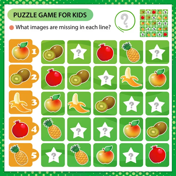 Sudoku Rompecabezas Qué Imágenes Faltan Cada Línea Frutas Banana Granate — Vector de stock