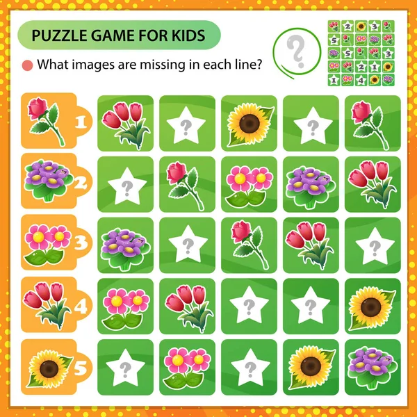 Sudoku Rompecabezas Qué Imágenes Faltan Cada Línea Flores Rosas Tulipanes — Vector de stock