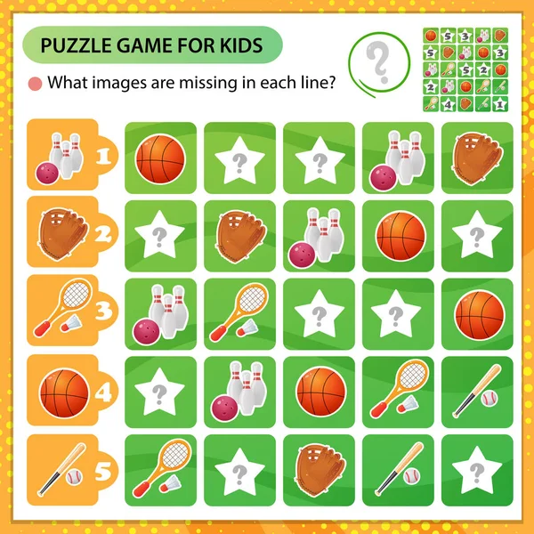 Sudoku Rejtvény Milyen Képek Hiányoznak Minden Sorból Sportfelszerelés Kosárlabda Tollaslabda — Stock Vector