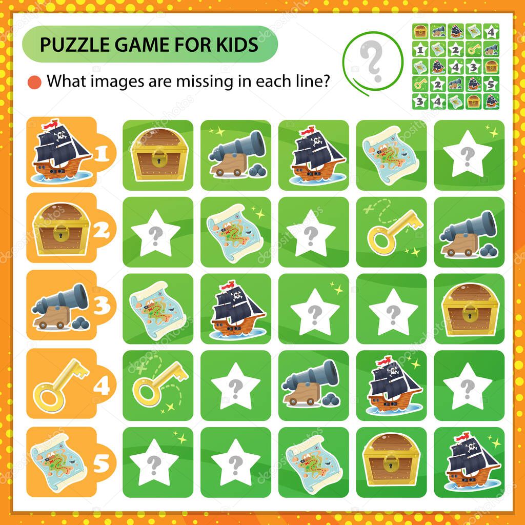 Sudoku puzzle. What images are missing in each line? Pirates ship, cannon, black flag with skull, treasure map and chest with gold. Logic puzzle for kids. Game for children. Worksheet vector design for schoolers