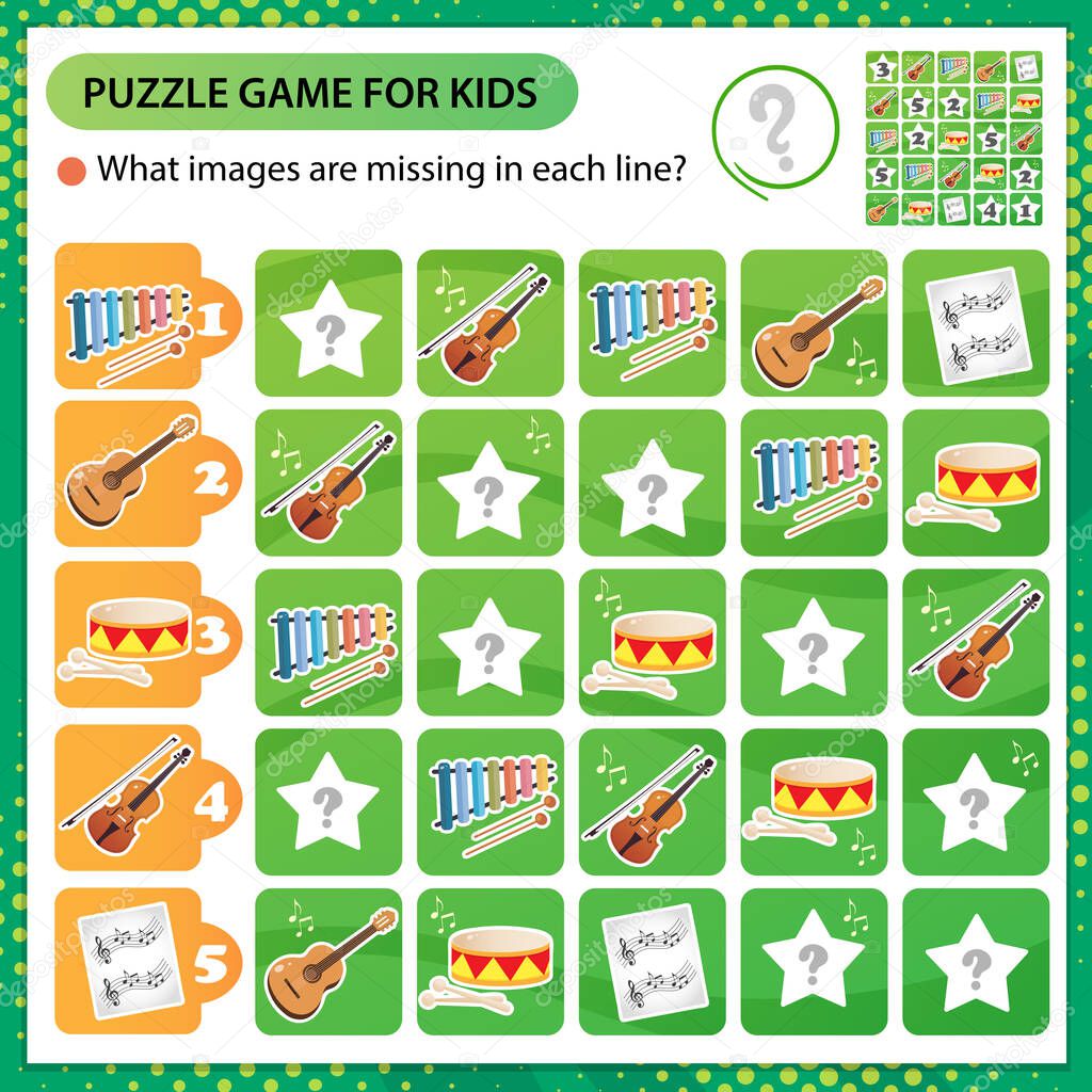 Sudoku puzzle. What images are missing in each line? Musical instruments. Guitar, violin, drum and xylophone. Logic puzzle for kids. Education game for children. Worksheet vector design for schoolers.