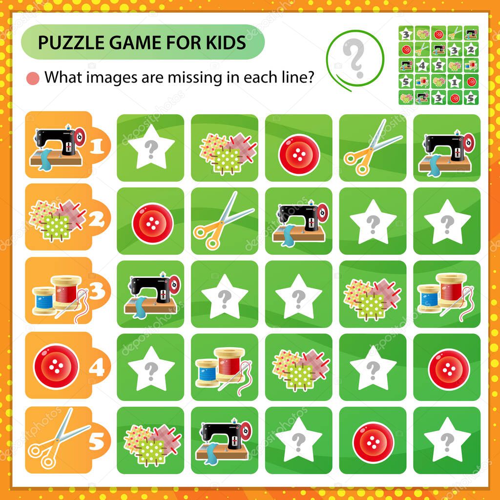 Sudoku puzzle. What images are missing in each line? Sewing machine, needle and thread, scissors. Logic puzzle for kids. Education game for children. Worksheet vector design for schoolers