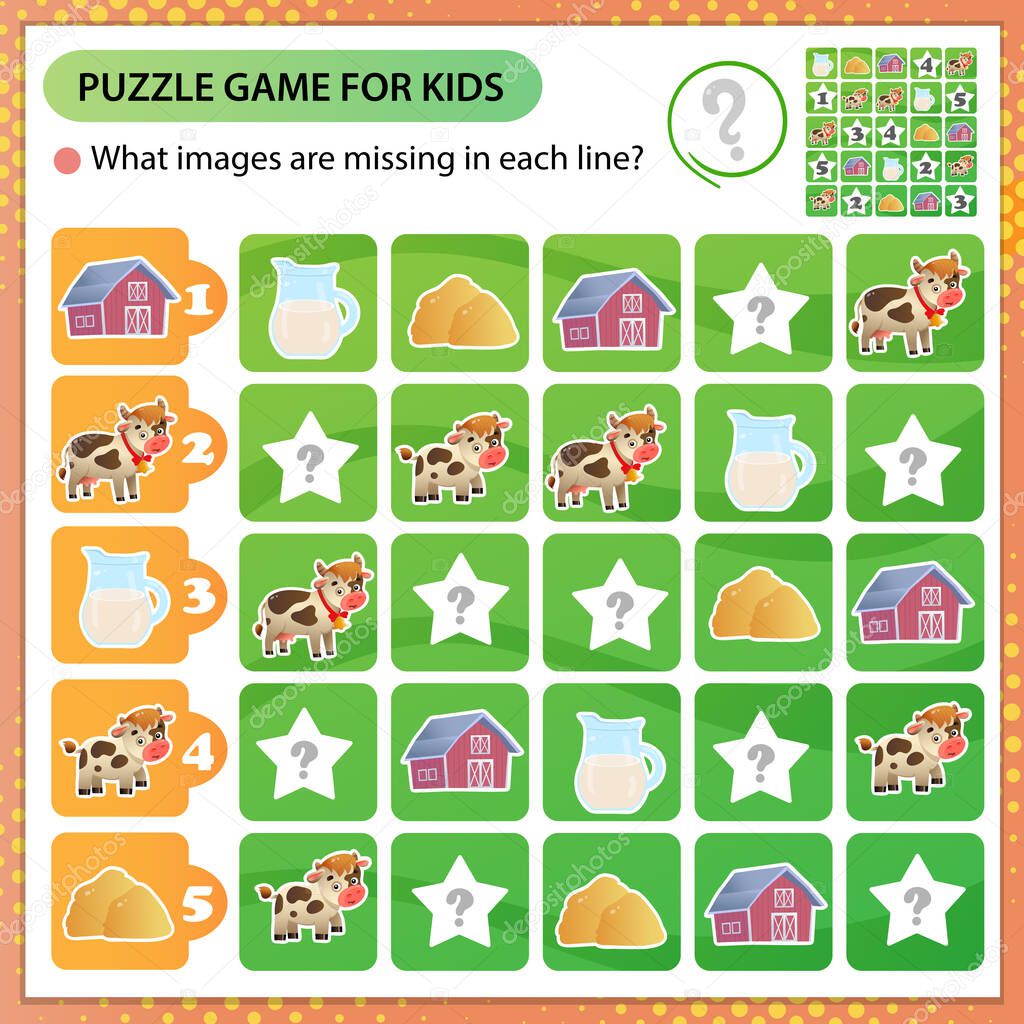 Sudoku puzzle. What images are missing in each line? Farm animals. Cow. Logic puzzle for kids. Education game for children. Worksheet vector design for schoolers