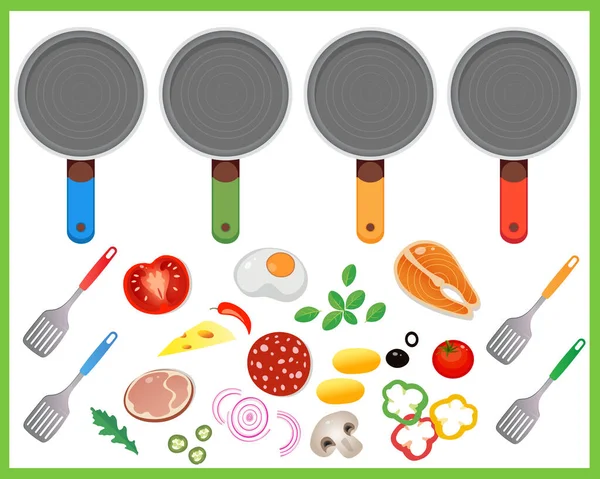 Кольорове Зображення Сковороди Продуктів Їжа Інгредієнтів Білому Тлі Їжа Їжа — стоковий вектор