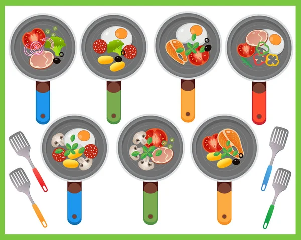 Kolorowy Obraz Patelni Produktów Składniki Żywności Białym Tle Jedzenie Posiłki — Wektor stockowy