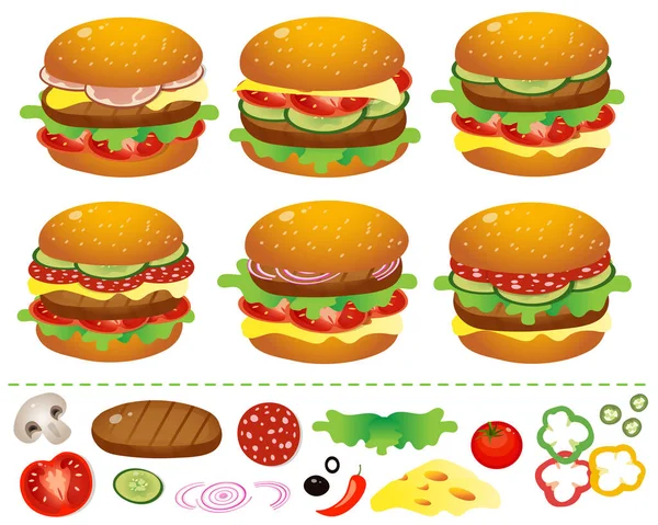 Hamburgers Cheeseburgers Met Tomaten Salami Kotelet Rundvlees Salade Kaas Een — Stockvector