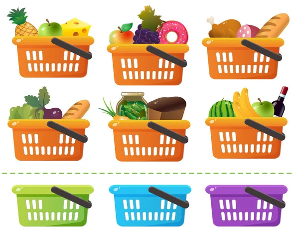 Color images of grocery basket or food basket with goods on a white background. Shop and purchases. Set of vector illustrations for children.