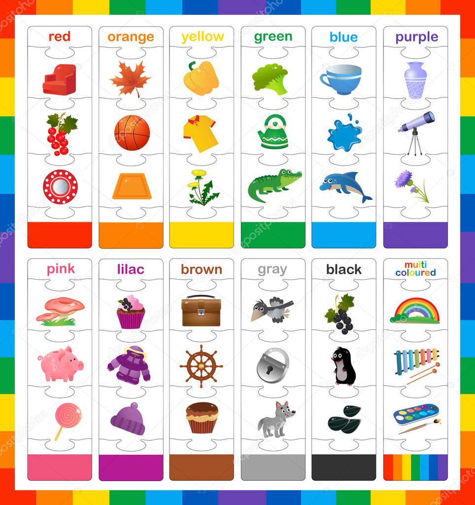 Basic colors. Match by color. Puzzle for kids. Matching game, education game for children. Worksheet for preschoolers.