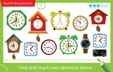 Find and mark two identical items. Puzzle for kids. Matching game, education game for children. Color images of watches. Alarm clock, wall clock with cuckoo, electronic timepiece, wristwatch. Worksheet for preschoolers