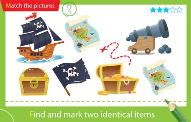Find and mark two identical items. Puzzle for kids. Matching game, education game for children. Color images of pirates ship, cannon, black flag with skull, treasure map and chest with gold. Worksheet for preschoolers
