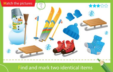 Find and mark two identical items. Puzzle for kids. Matching game, education game for children. Color image of ski, skates, snowman, wood sledge, cap, mittens. Winter leisure activities. Worksheet for preschoolers