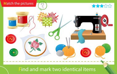 Find and mark two identical items. Puzzle for kids. Matching game, education game for children. Color image of sewing machine, needle and thread, scissors, needlework and embroidery. Worksheet for preschoolers
