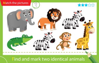 Find and mark two identical animals. Puzzle for kids. Matching game, education game for children. Color images of animals of Africa. Zebra, crocodile, giraffe, monkey, lion, elephant. Worksheet for preschoolers