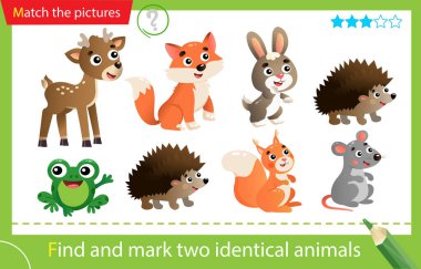 Find and mark two identical animals. Puzzle for kids. Matching game, education game for children. Color images of wild animals. Hedgehog, fox, frog, mouse, squirrel, deer, hare. Worksheet for preschoolers