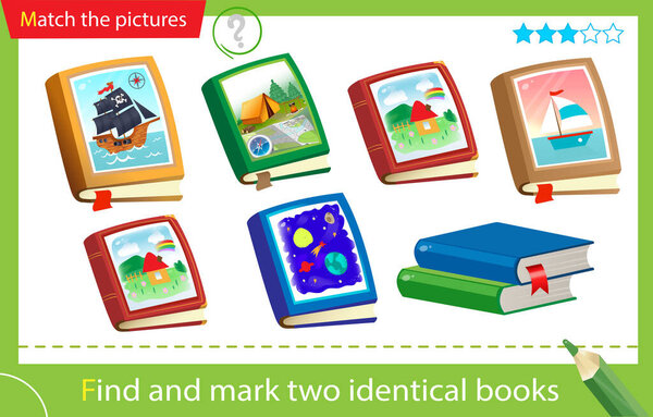 Find and mark two identical items. Puzzle for kids. Matching game, education game for children. Color image of children's books. Worksheet for preschoolers.