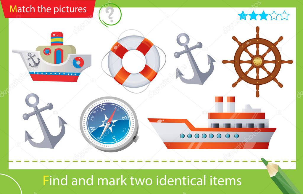 Find and mark two identical items. Puzzle for kids. Matching game, education game for children. Color image of ship or steamship, magnetic compass, anchor, helm and lifebuoy. Worksheet for preschoolers