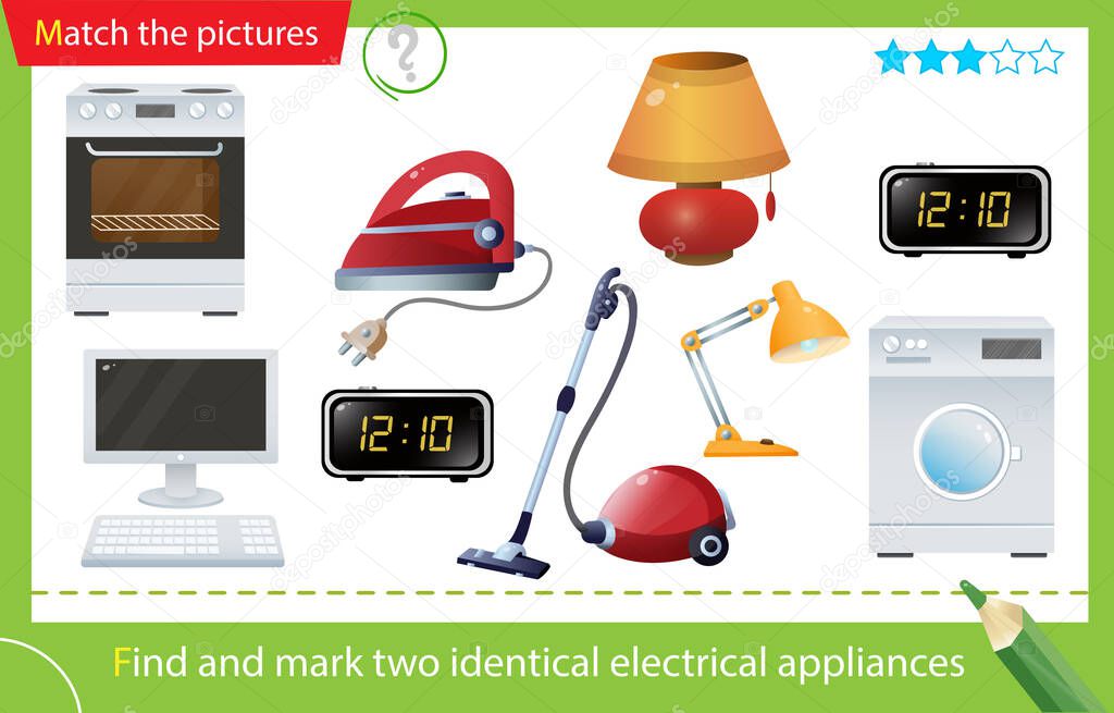 Find and mark two identical items. Puzzle for kids. Matching game, education game for children. Color images of electrical goods and household equipment. Vacuum cleaner, iron, computer, clock, stove. Worksheet for preschoolers