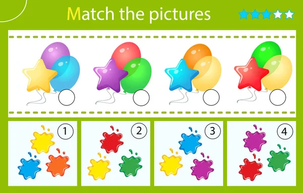 按颜色搭配 给孩子们的谜语火柴游戏 儿童教育游戏 多色气球 学前儿童的工作表 — 图库矢量图片
