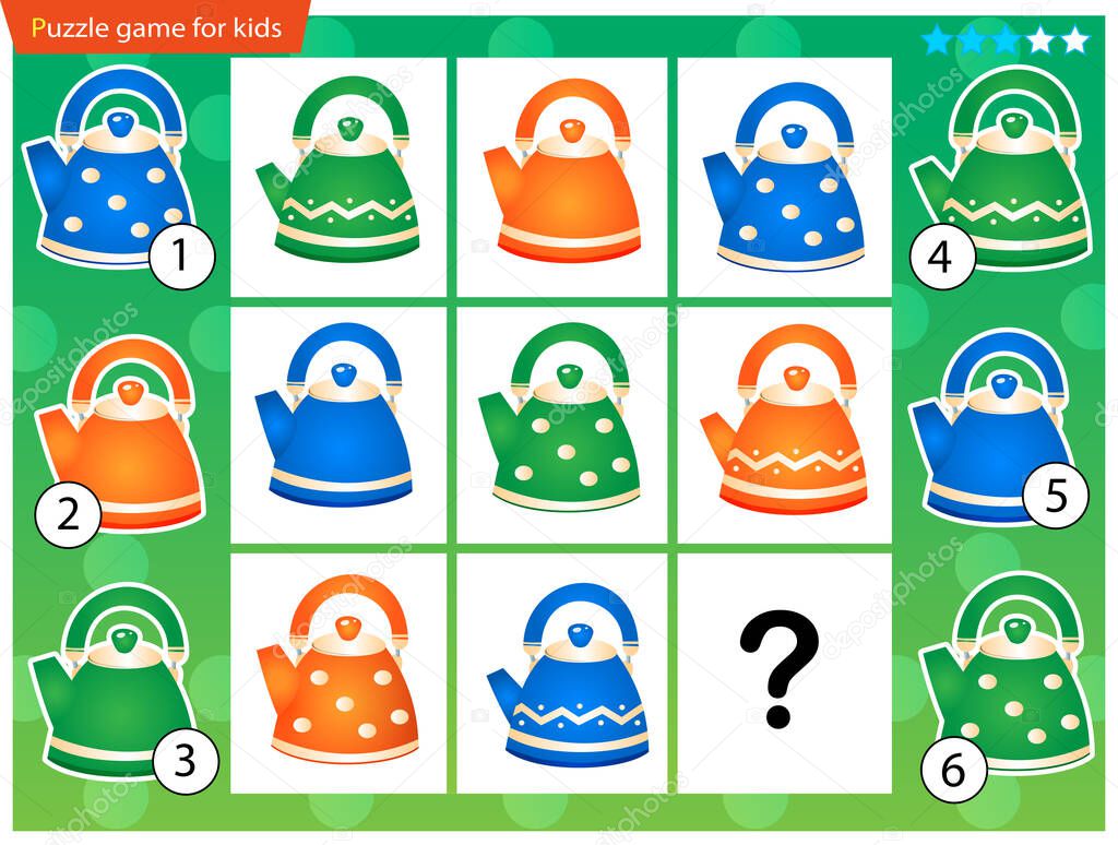 What item are missing? Colorful kettles. Logic puzzle game for kids. Education game for children. Sudoku puzzle. Worksheet vector design for schoolers.
