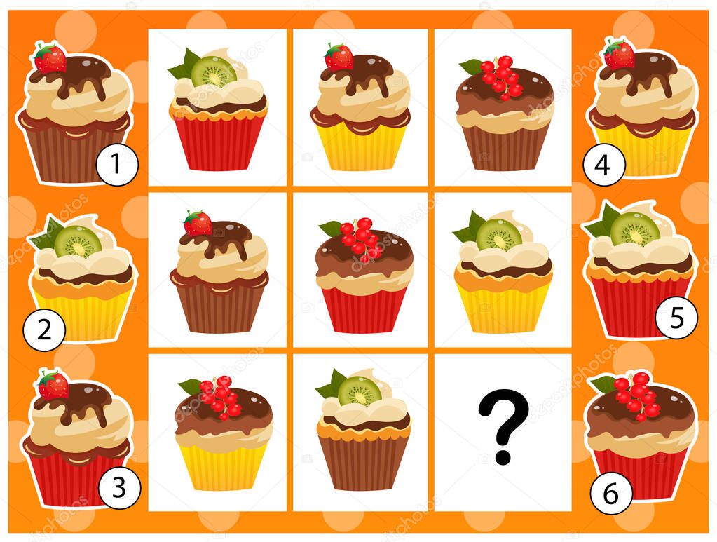 What item are missing? Holiday cupcakes or muffins. Pastry and bakery. Logic puzzle game for kids. Education game for children. Sudoku puzzle. Worksheet vector design for schoolers.
