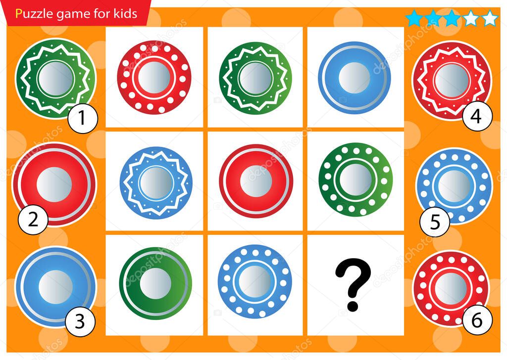 What item are missing? Colorful saucers. Logic puzzle game for kids. Education game for children. Sudoku puzzle. Worksheet vector design for schoolers