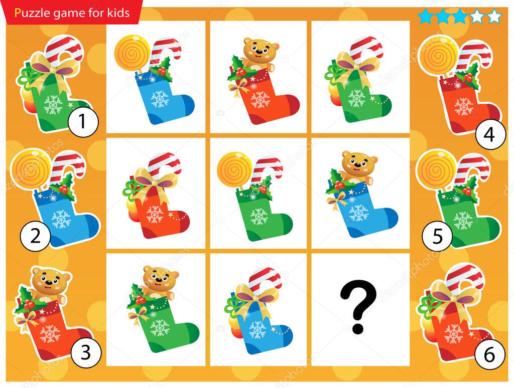 What item are missing? Christmas Socks or Christmas boots with gifts, toys and sweets. New year. Logic puzzle game for kids. Education game for children. Sudoku puzzle. Worksheet vector design for schoolers.