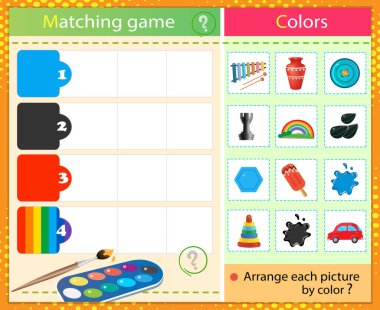 Renklere göre eşleştir. Çocuklar için bulmaca. Eşleştirme oyunu, çocuklar için eğitim oyunu. Ögeler ne renk? Anaokulu öğrencileri için çalışma listesi