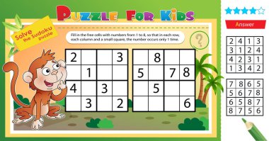 Küçük maymunla birlikte sudoku bulmacasını çöz. Çocuklar için mantık bulmacası. Çocuklar için eğitim oyunu. Okullar için çalışma tablosu vektör tasarımı. 