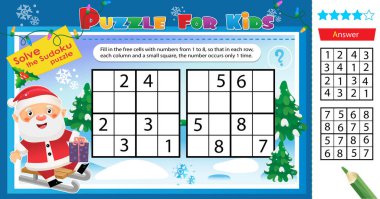 Sudoku bulmacasını çöz. Çocuklar için mantık bulmacası. Hediyeli, oyuncaklı ve şekerli Noel Baba. Noel zamanı. Yeni yıl. Çocuklar için eğitim oyunu. Okullar için çalışma tablosu vektör tasarımı.
