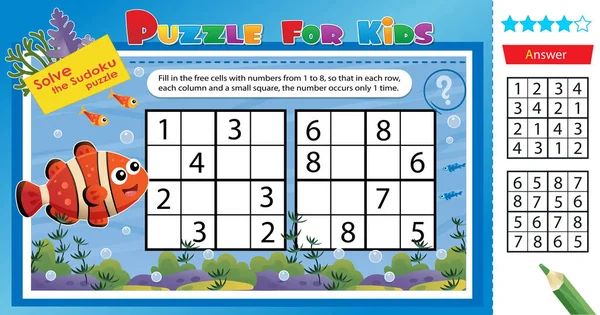 Rozwiąż Zagadkę Sudoku Razem Zabawną Rybką Logiczna Zagadka Dla Dzieci — Wektor stockowy