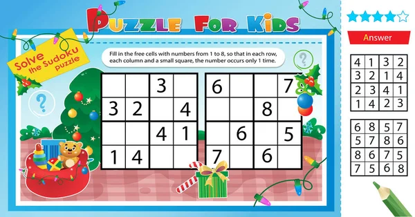 Solve Sudoku Puzzle Logic Puzzle Kids Santa Claus Bag Gifts — Stock Vector