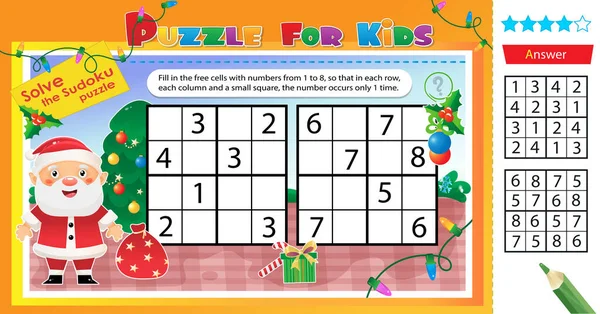 Rozwiąż Zagadkę Sudoku Logiczna Zagadka Dla Dzieci Święty Mikołaj Prezentami — Wektor stockowy