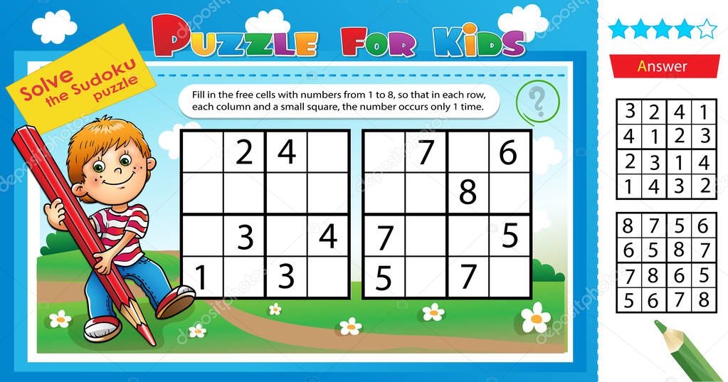Solve the sudoku puzzle. Logic puzzle for kids. Education game for children. Worksheet vector design for schoolers.
