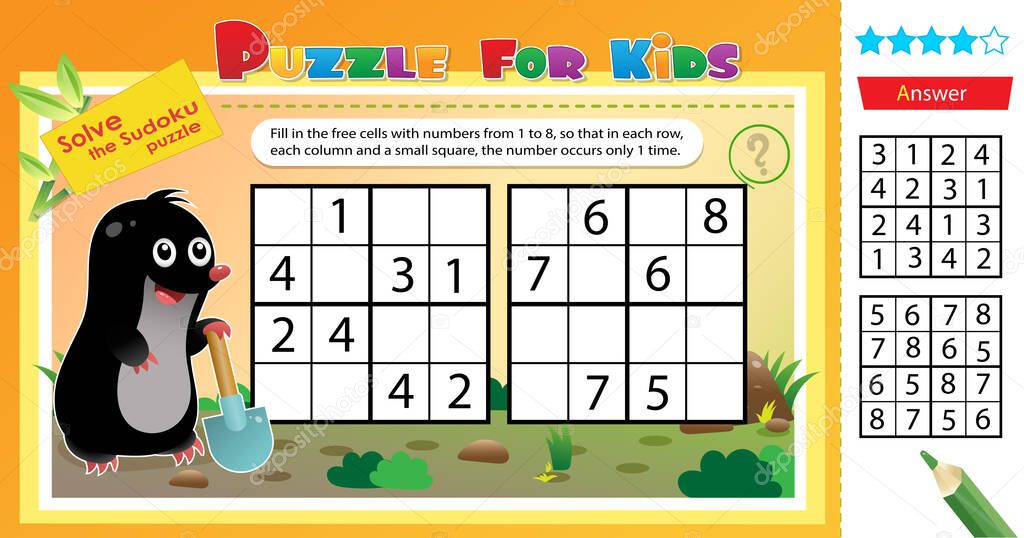 Solve the sudoku puzzle together with the little mole. Logic puzzle for kids. Education game for children. Worksheet vector design for schoolers.