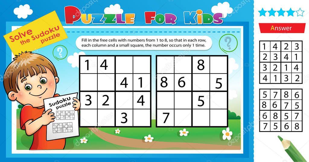Solve the sudoku puzzle. Logic puzzle for kids. Education game for children. Worksheet vector design for schoolers.