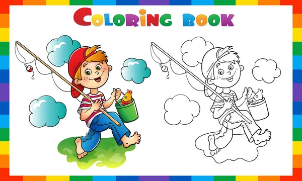 Zbarvení Page Obrys Karikatury Chlapec Rybářským Prutem Omalovánky Pro Děti — Stockový vektor