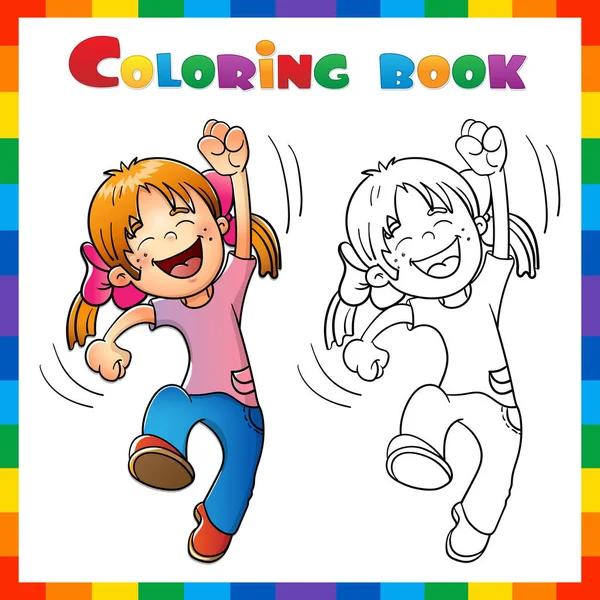 Página Para Colorear Esquema Chica Salto Dibujos Animados Libro Para — Vector de stock