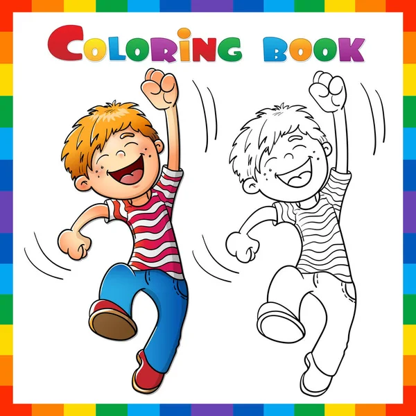 Coloring Page Sammanfattning Tecknad Hoppning Pojke Målarbok För Barn — Stock vektor