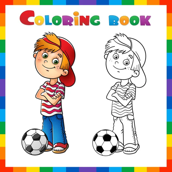 Coloring Page Sammanfattning Tecknad Pojke Med Fotboll Målarbok För Barn — Stock vektor