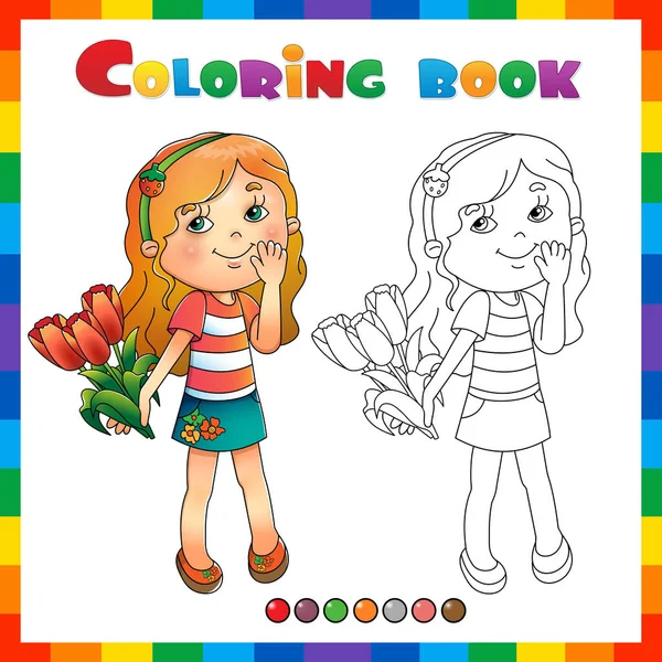 Página Para Colorear Esquema Chica Dibujos Animados Con Ramo Tulipanes — Vector de stock