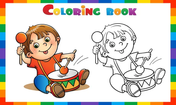 Página Para Colorear Esquema Del Niño Dibujos Animados Tocando Tambor — Archivo Imágenes Vectoriales