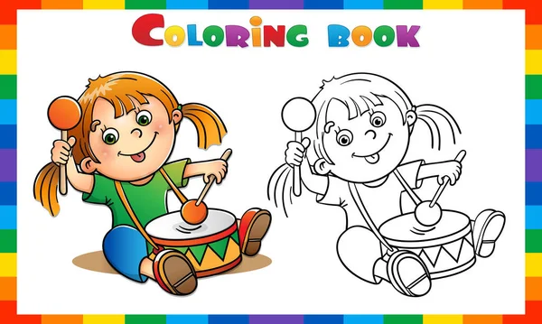 Página Para Colorear Esquema Chica Dibujos Animados Tocando Tambor Libro — Archivo Imágenes Vectoriales