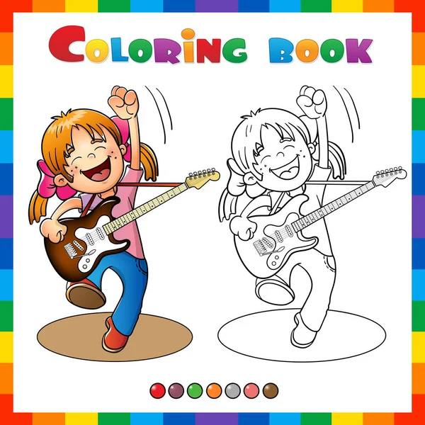 Página Para Colorear Esquema Chica Dibujos Animados Con Una Guitarra — Vector de stock