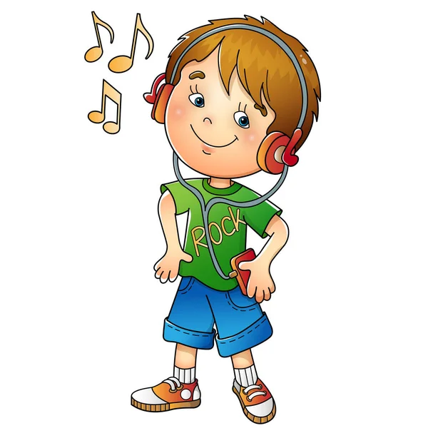 Kreslený Chlapec Sluchátkách Poslouchá Hudbu Barevná Vektorová Ilustrace Pro Děti — Stockový vektor