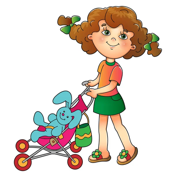 Cartoon Girl Playing Doll Stroller Toys Playground Colorful Vector Illustration — Stock Vector