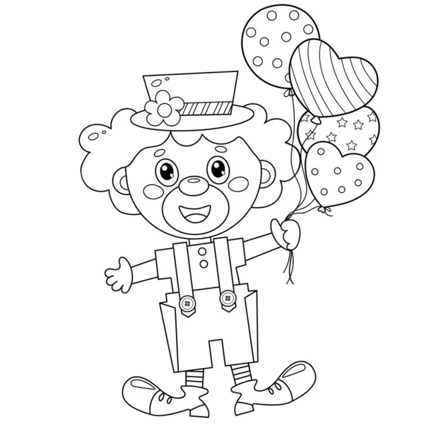 Página Para Colorear Esquema Payaso Circo Dibujos Animados Con Globos — Vector de stock