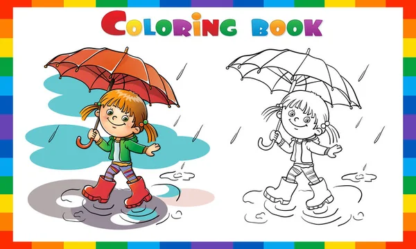 Página Para Colorear Esquema Chica Dibujos Animados Caminando Bajo Lluvia — Vector de stock