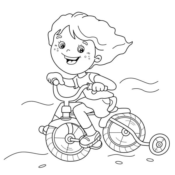 Coloriage Aperçu Une Fille Amusante Dessin Animé Sur Vélo Vélo — Image vectorielle