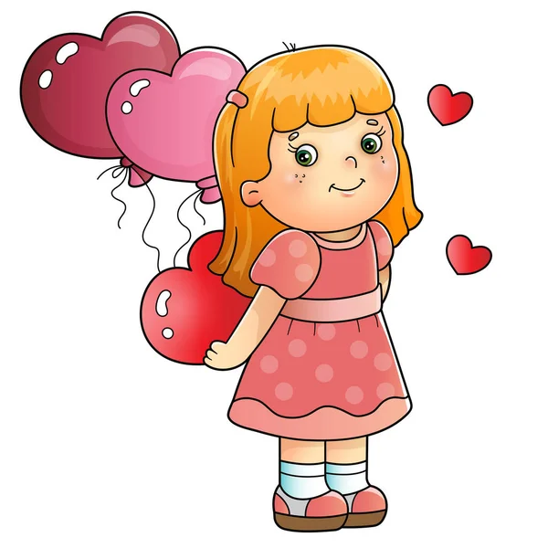 Cartoon Mädchen Mit Herz Und Luftballons Valentinstag Valentinskarte Bunte Vektorillustration — Stockvektor